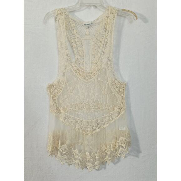 Roommates Crochet Mesh Top Women's Sz L Ivory Sleeveless Embroidered Sheer Boho - Picture 5 of 13